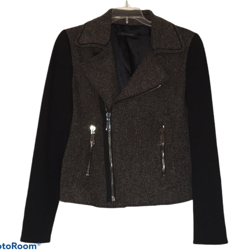 ELIE TAHARI Black Mixed Media Moto Jacket, 6